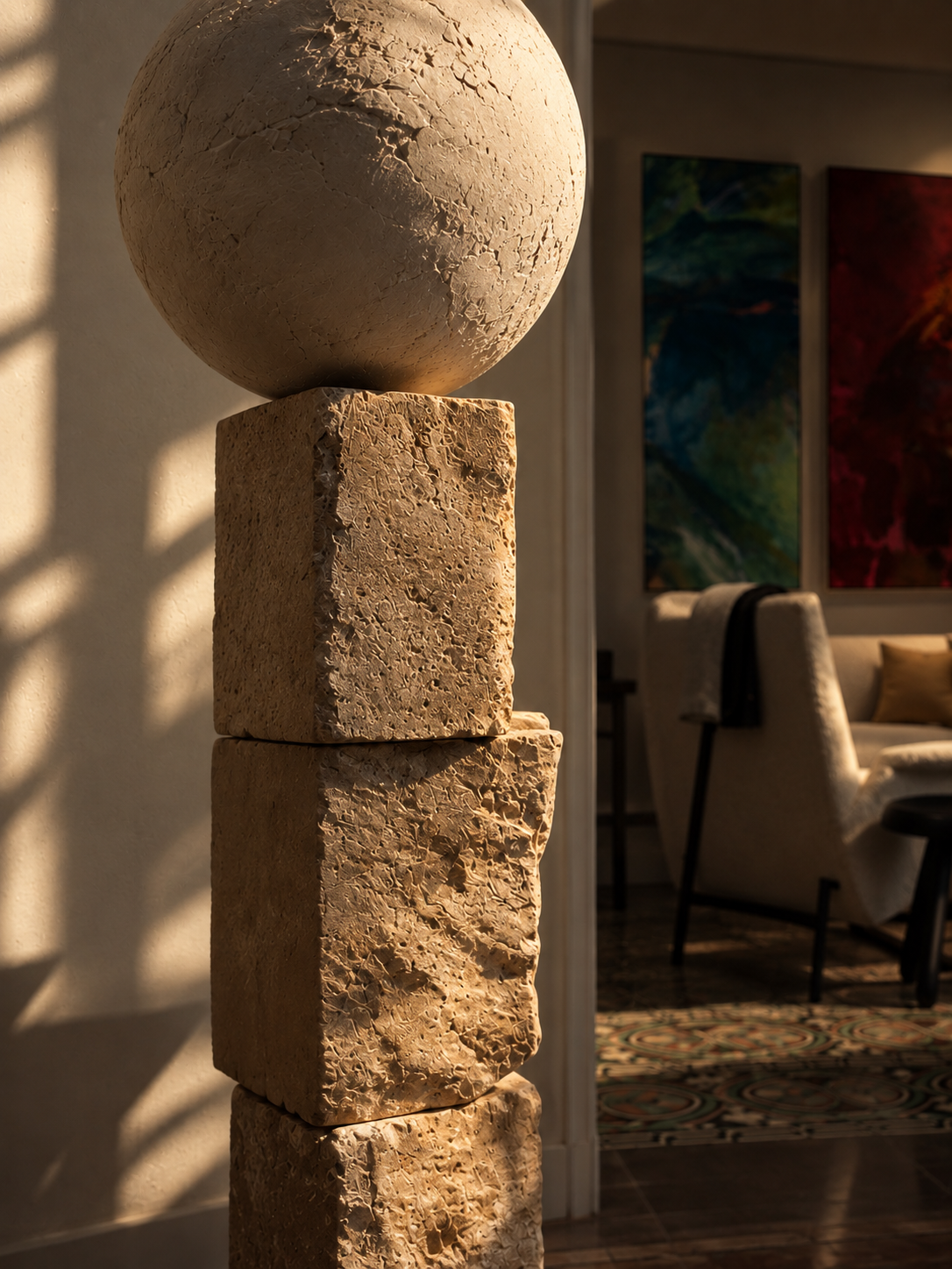 Gravity 10.55 by Yoyo Balagué, stone and clay sculpture in a contemporary art interior with abstract paintings