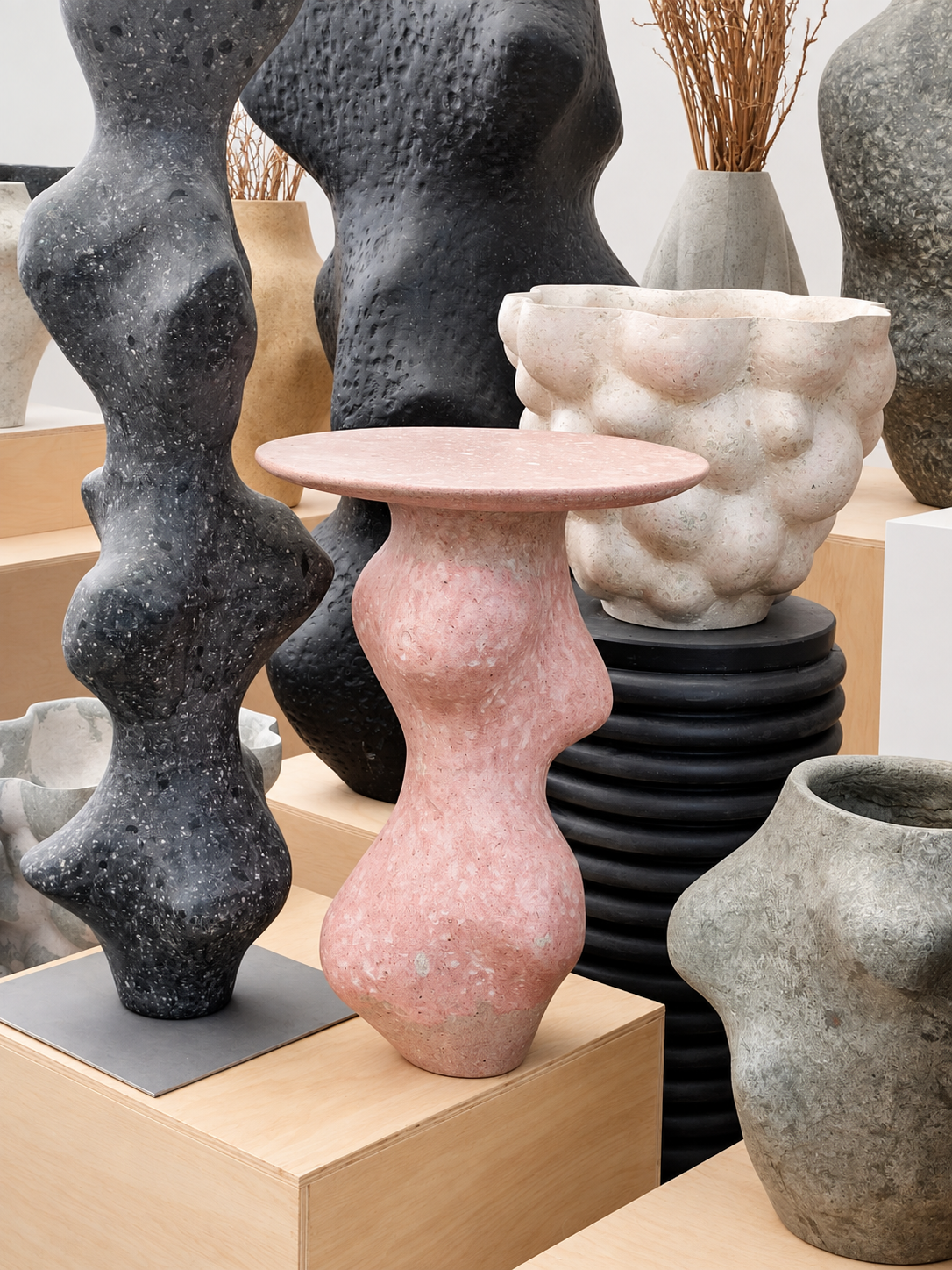 Black column, pink side table and sculptural planters in paper by Justino Del Casar at BLANCONEGRO Barcelona