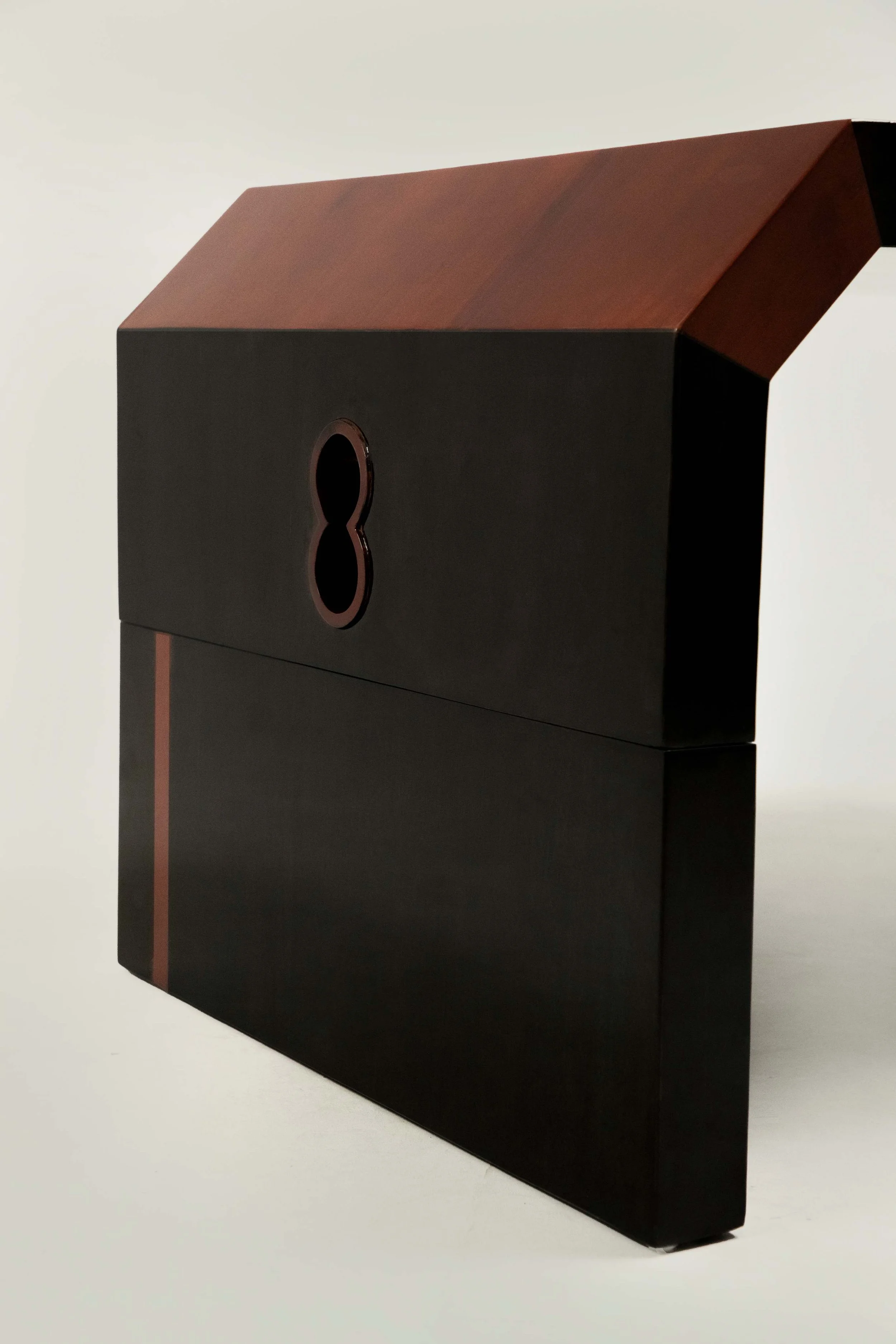 Modular Combo side table in pearwood, transformable into benches, collectible design piece.