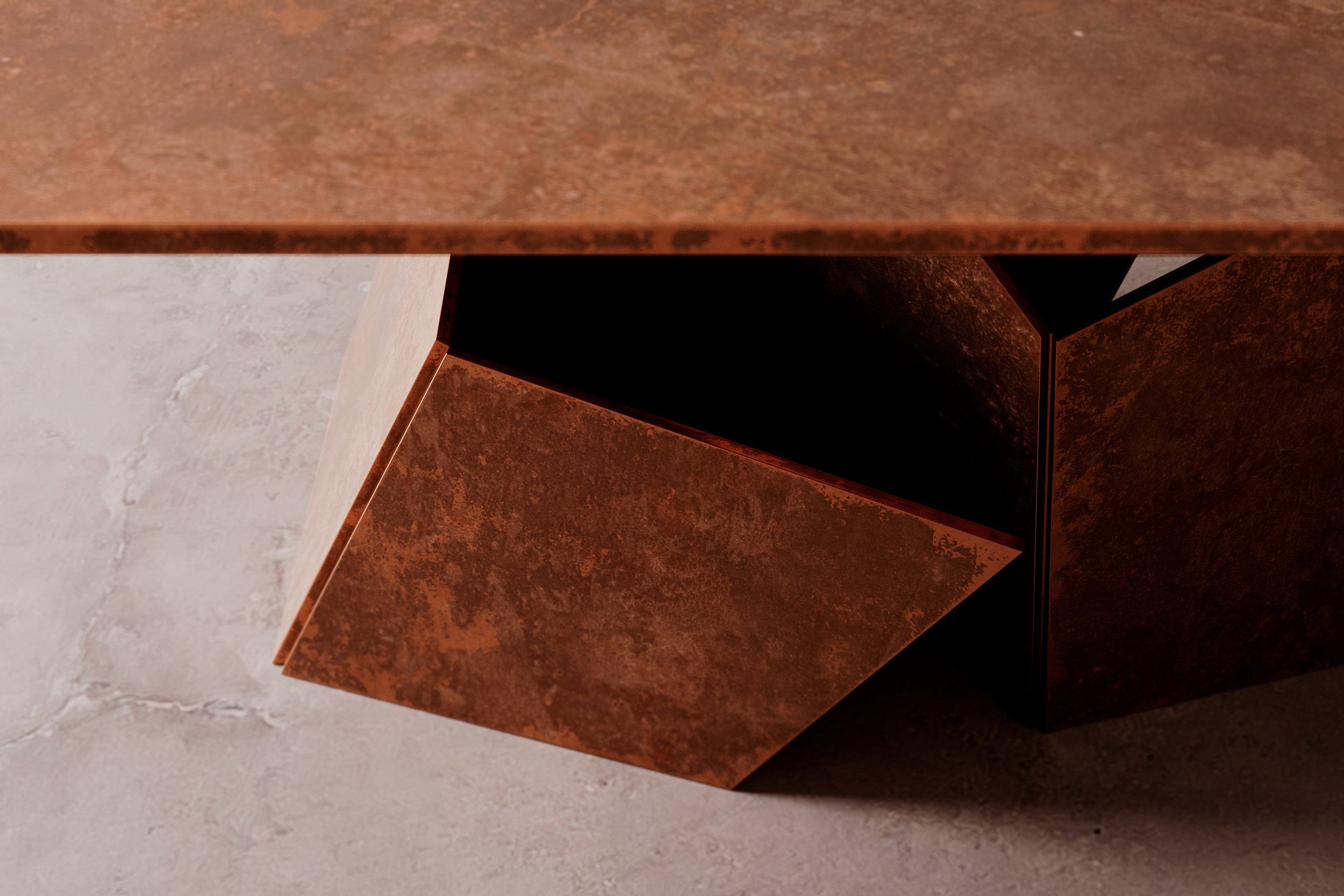 Contemporary copper art-design table Senseless Pursuit, exclusive collectible design at EAST WEST SPACE.