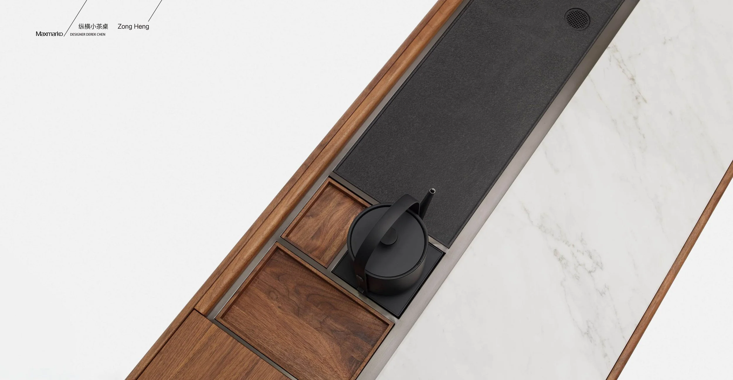 Modern tea table with integrated brewing area and concealed storage grid.