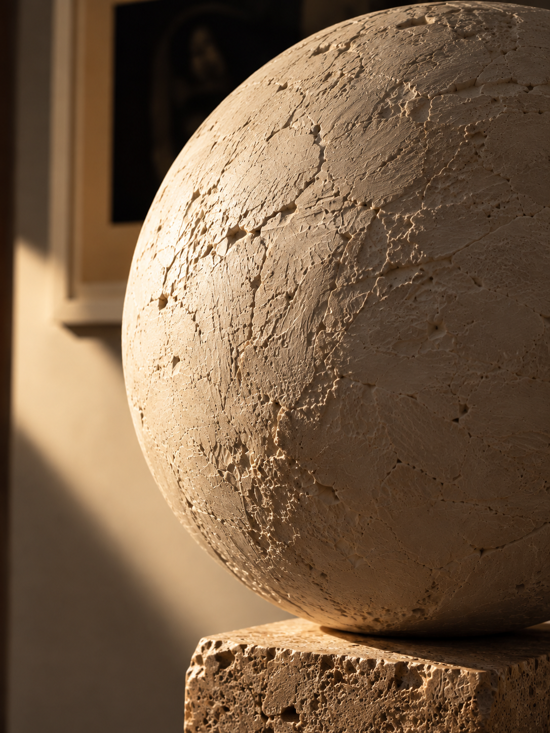 Close-up of the textured white clay sphere of Gravity 10.55 by Yoyo Balagué in warm natural light