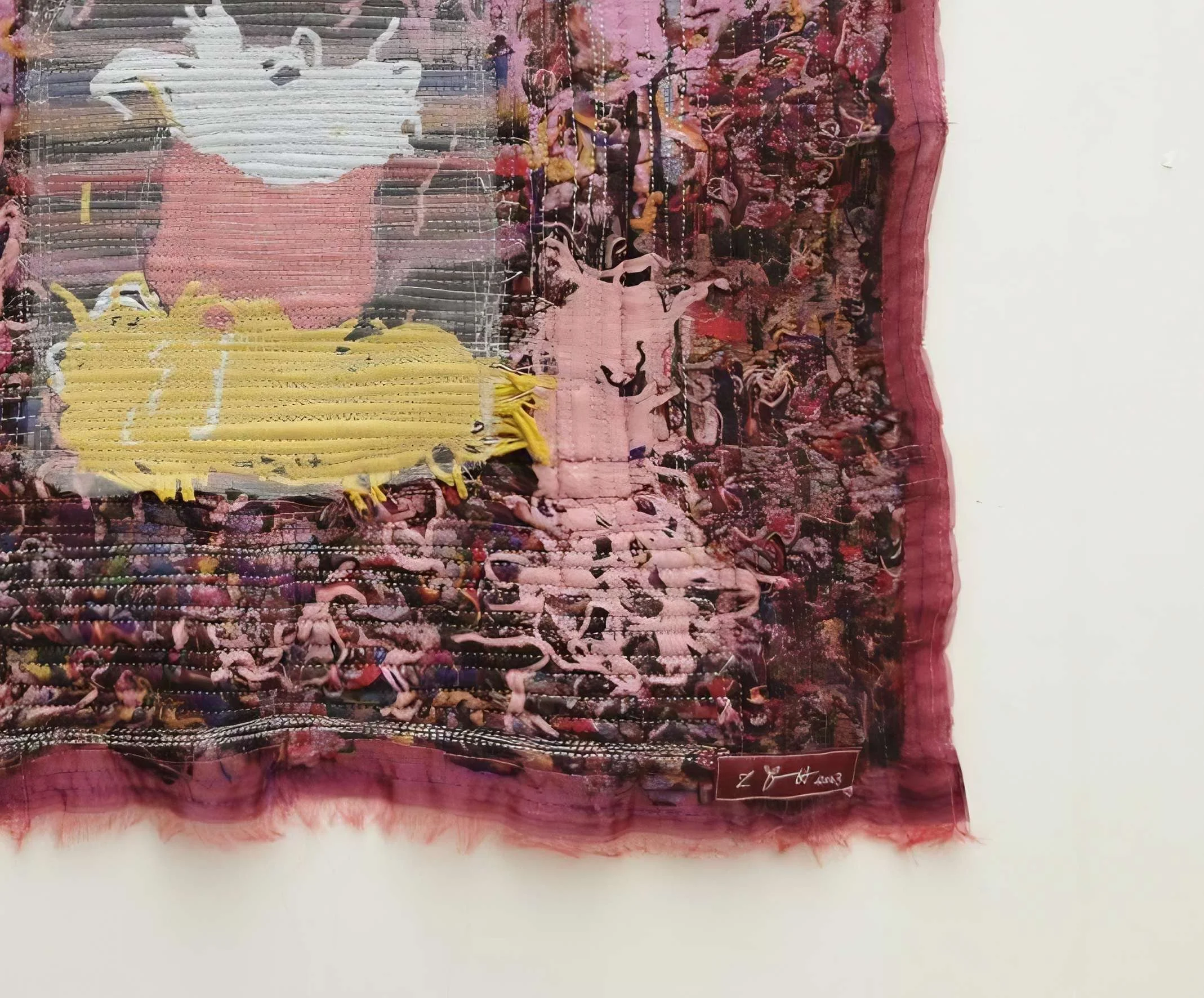 Contemporary Chinese textile artwork with layered threads and expressive texture