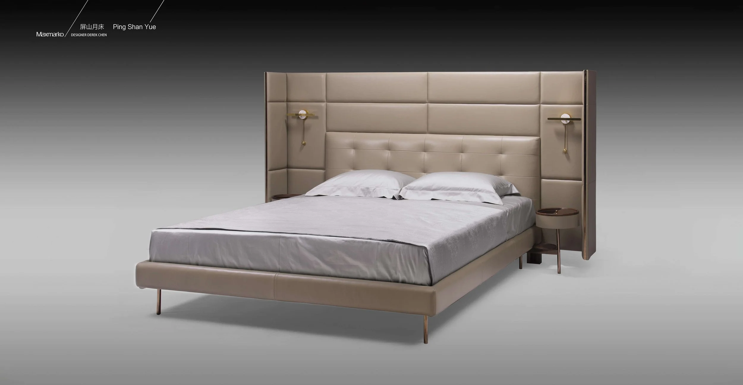 Ping Shan Yue bed showcasing architectural headboard and refined details.