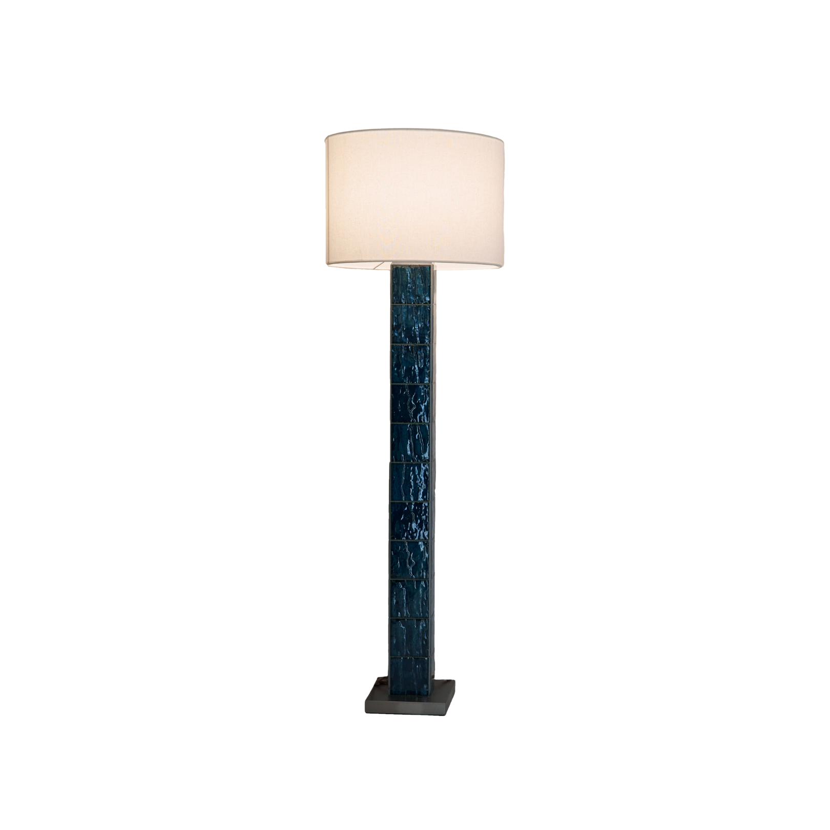 Sapphire Lamp by ARTEMPO with blue ceramic tile column and linen shade.