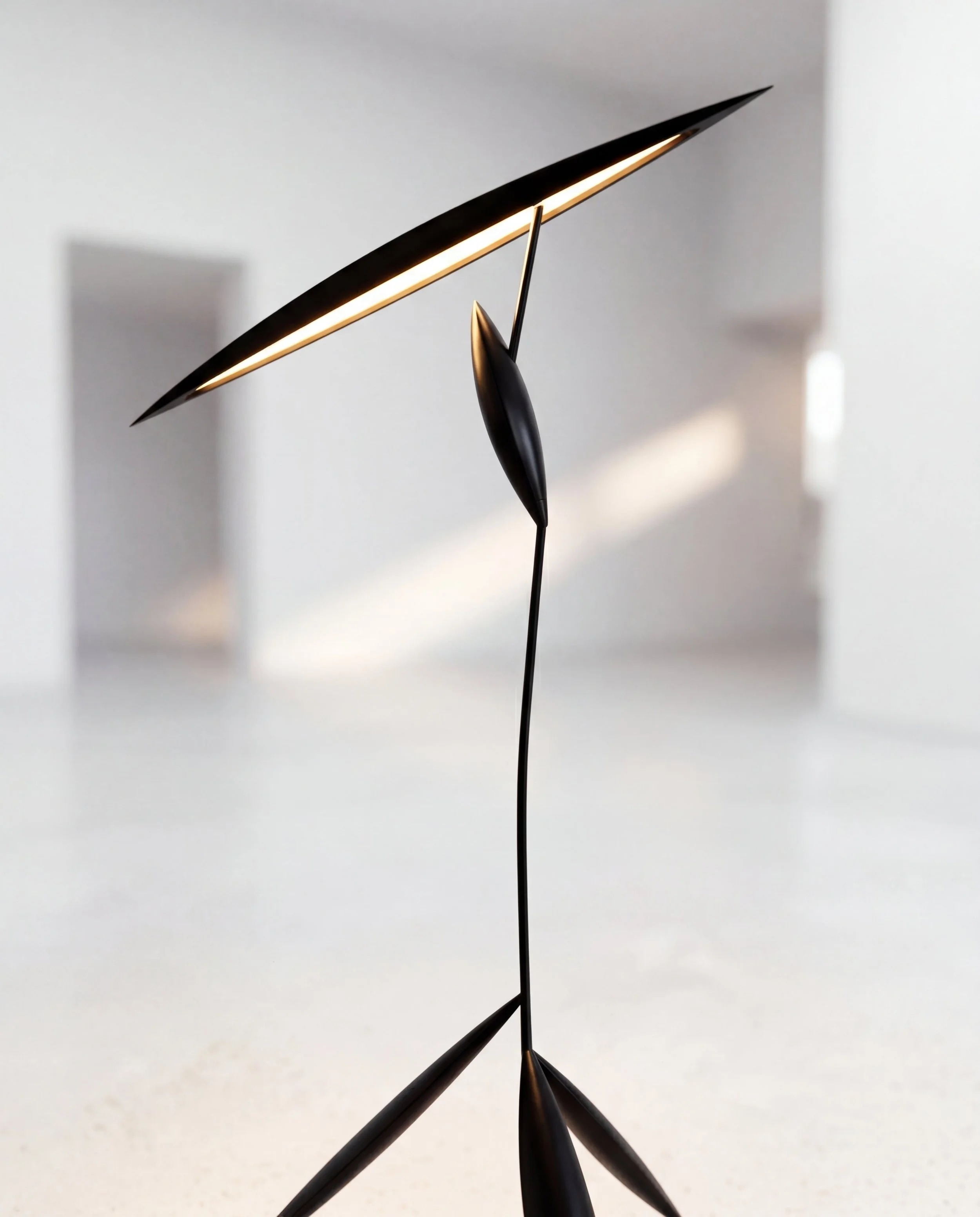 Artistic floor lamp with elongated form inspired by nature and balance