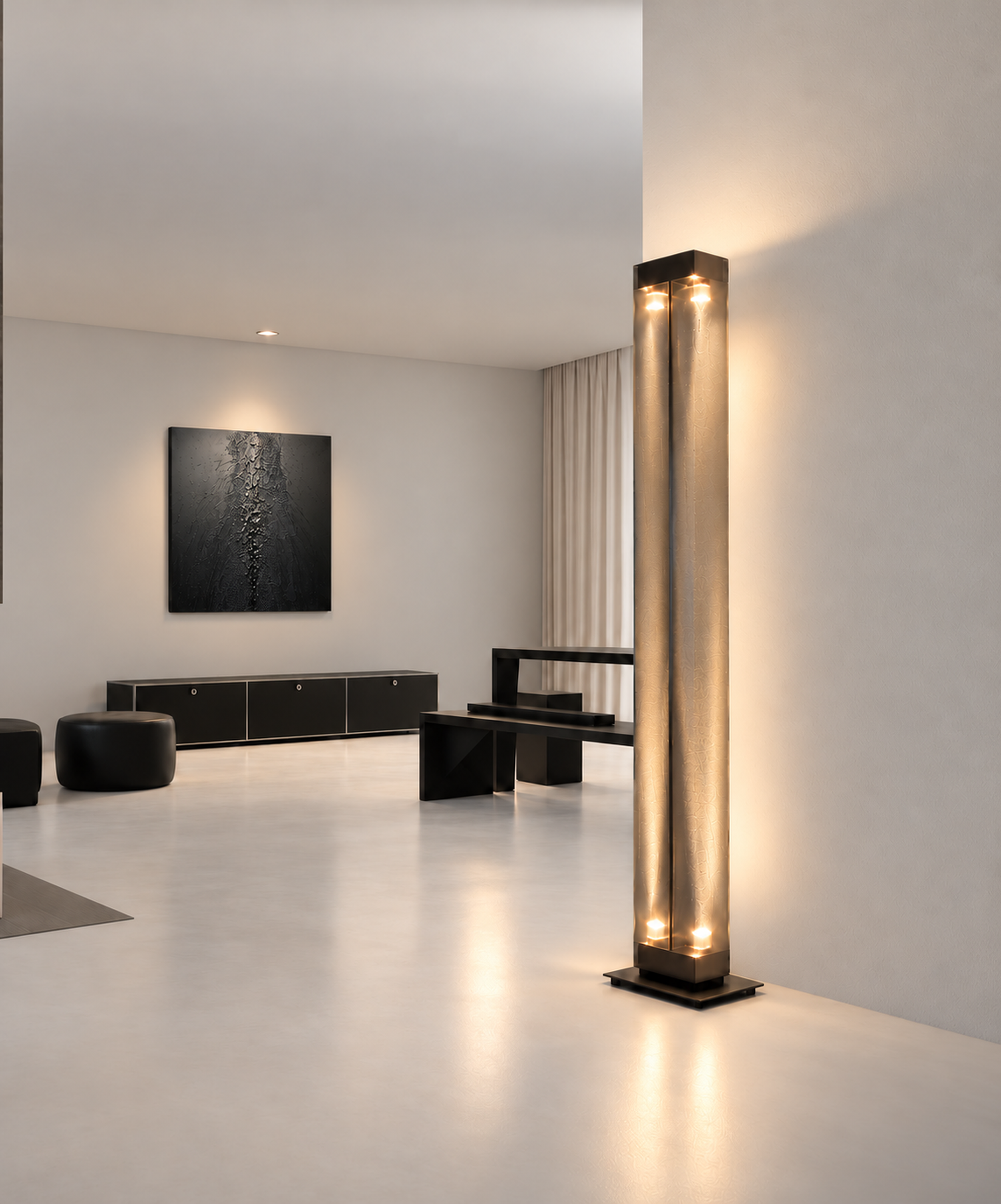 Belux Twilight floor lamp in black lighting a minimalist living room with black furniture and abstract artwork