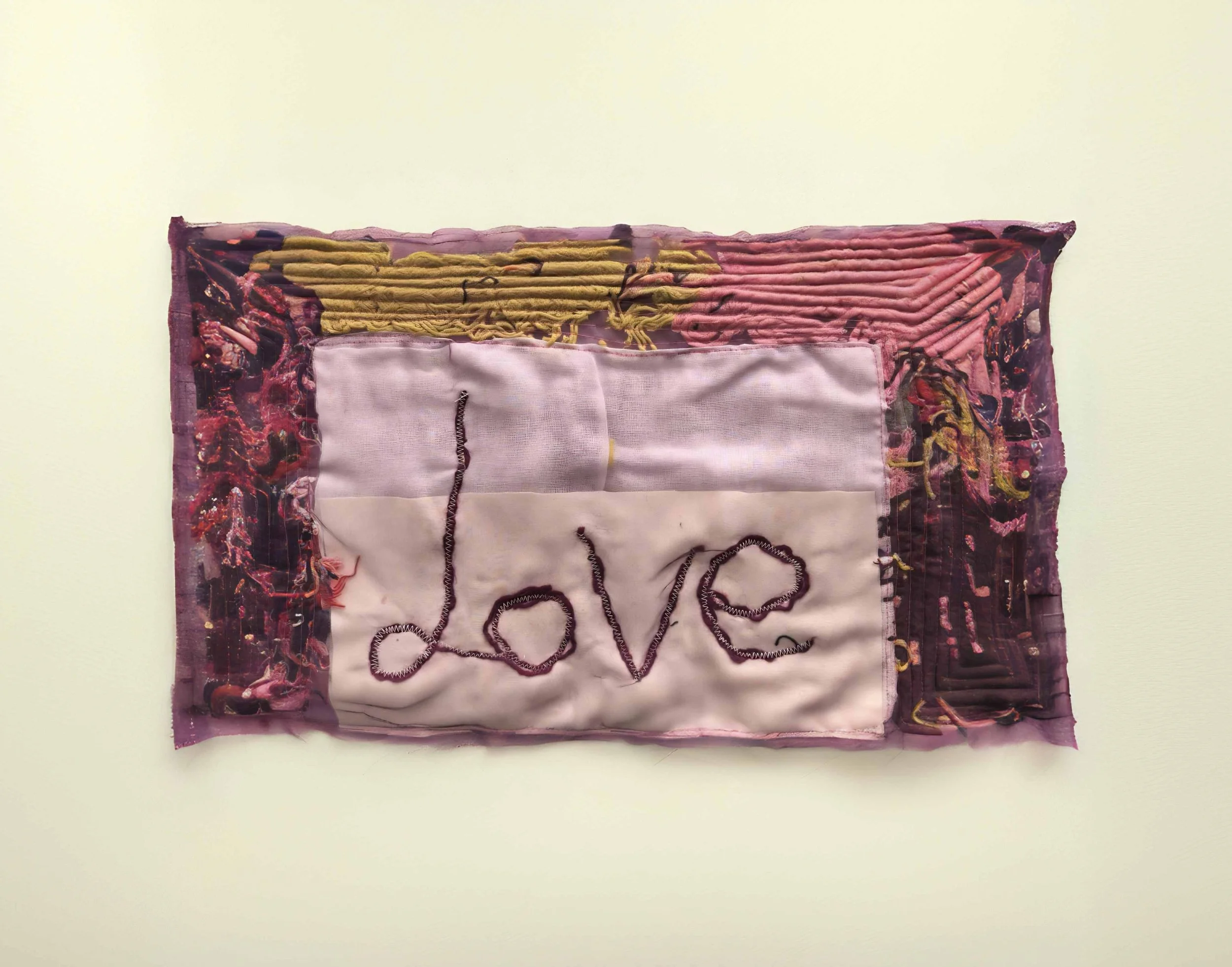 Textural contemporary wall textile with embroidered lettering — EAST WEST SPACE