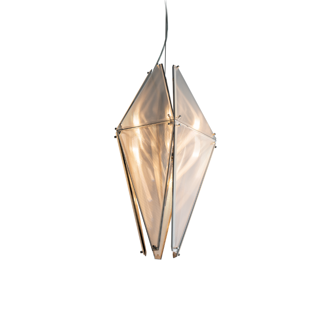 Translucent faceted pendant sculpture with metallic joints by Sing Chan.