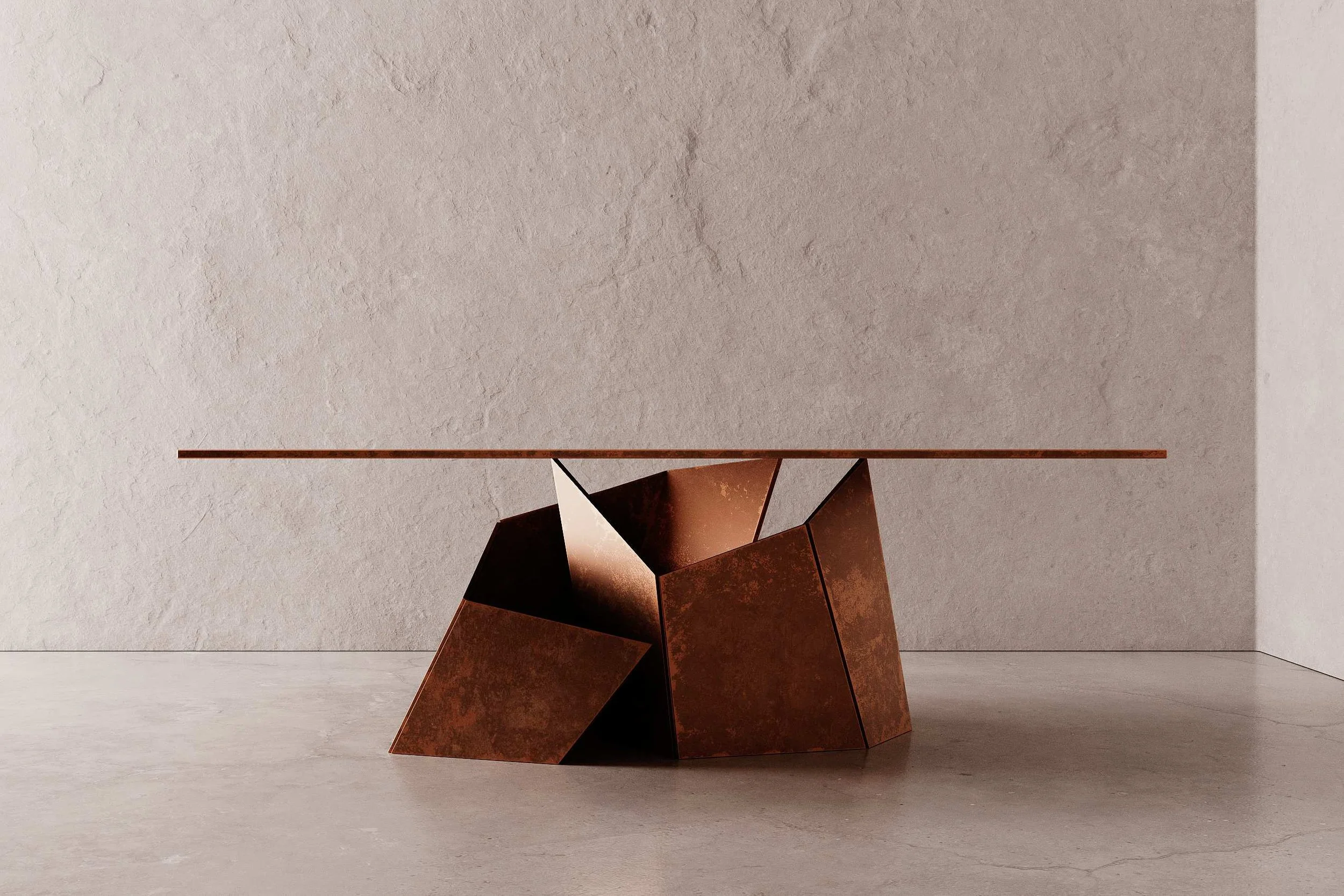 Angular copper sculptural table Senseless Pursuit, unique collectible furniture at EAST WEST SPACE.