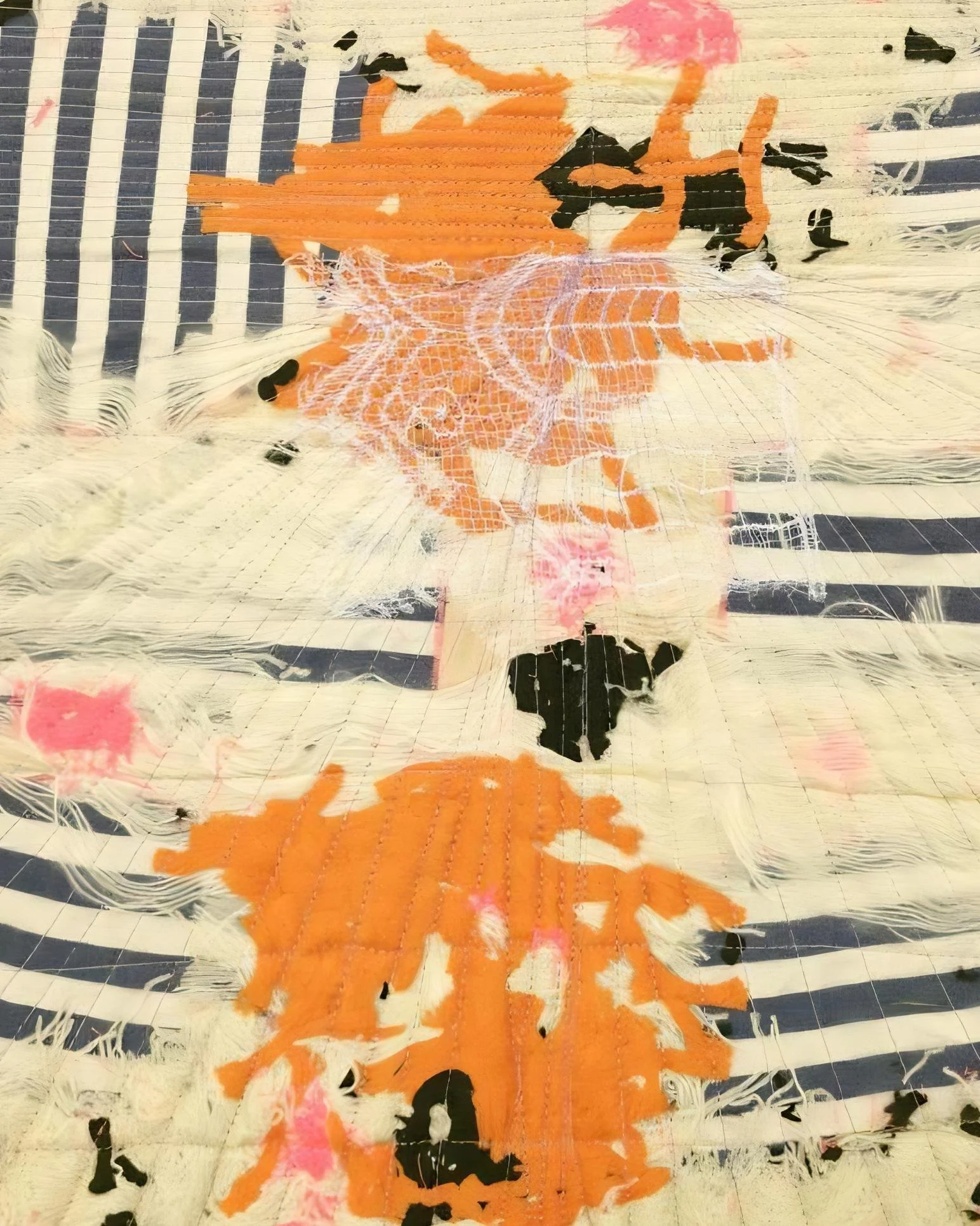 Unique hand-stitched textile artwork with abstract gestures and layered fabrics