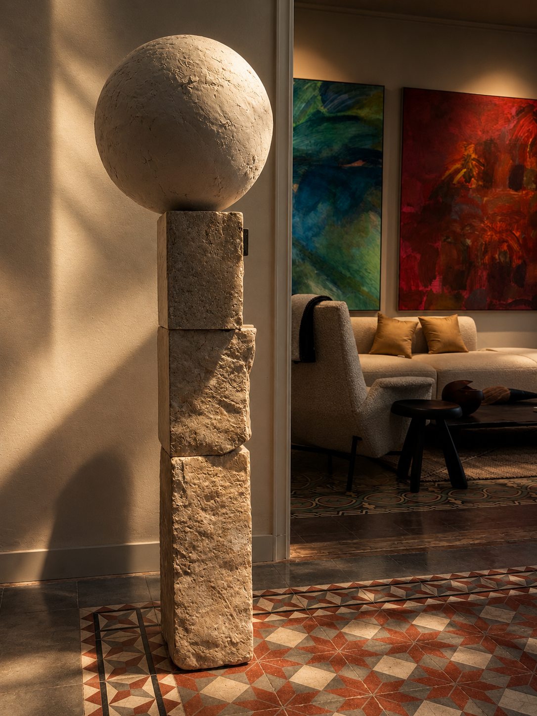 Gravity 10.55 by Yoyo Balagué in a Barcelona modernist interior with hydraulic tiles, BLANCONEGRO BARCELONA