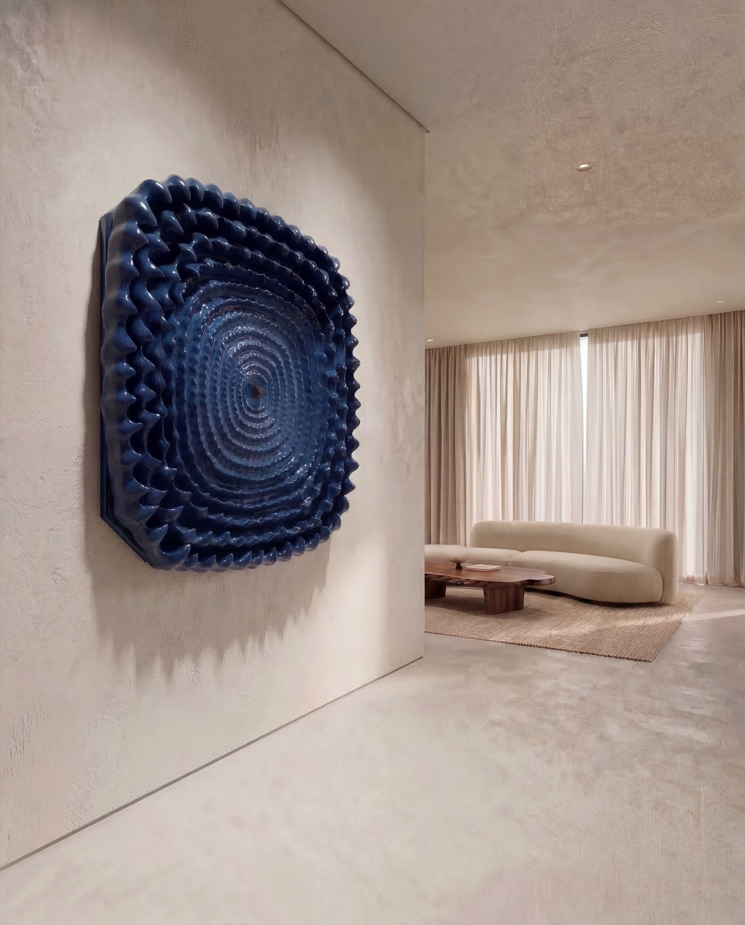 Chinese lacquer art sculpture in blue by Chen Wencai