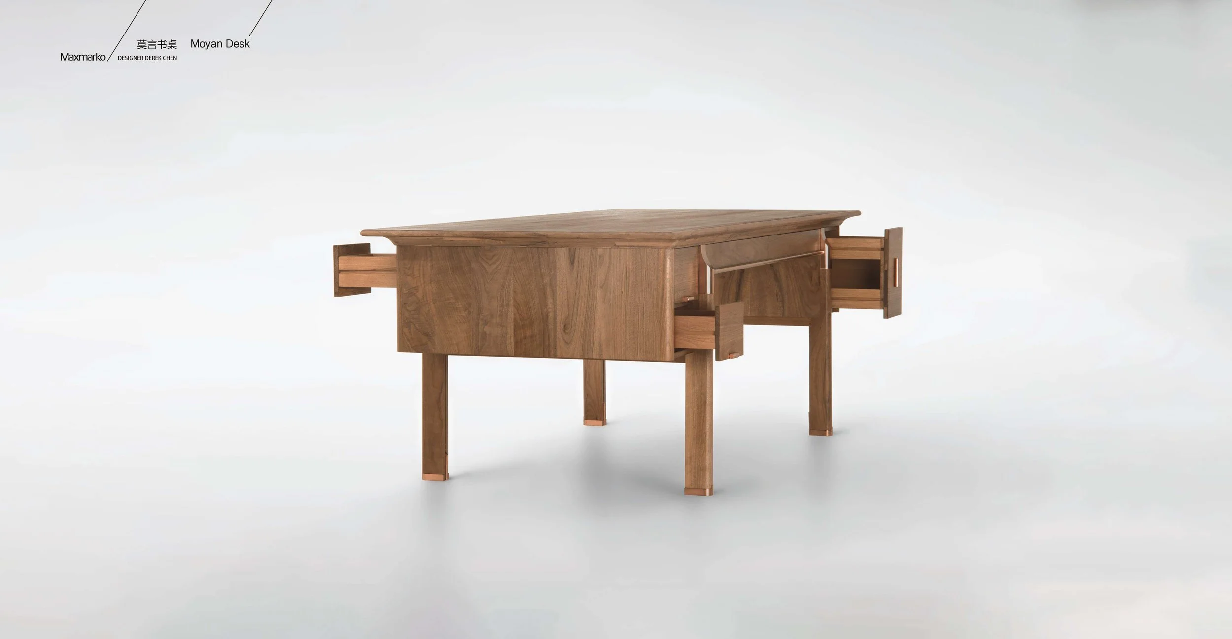 Luxury walnut writing desk with sculpted underside and metal accents.