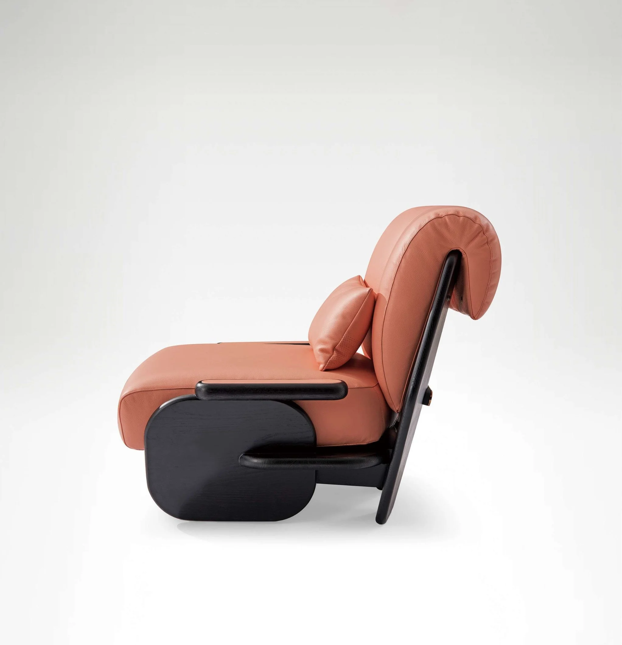 Luxury designer chair with rounded silhouette and black wooden structure.
