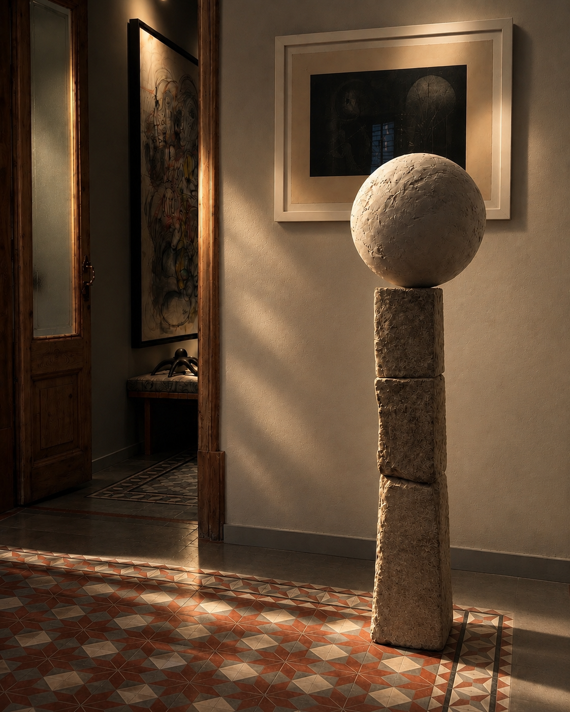 Gravity 10.55 stone and clay sculpture by Yoyo Balagué in a modernist hallway, collectible design at BLANCONEGRO BARCELONA