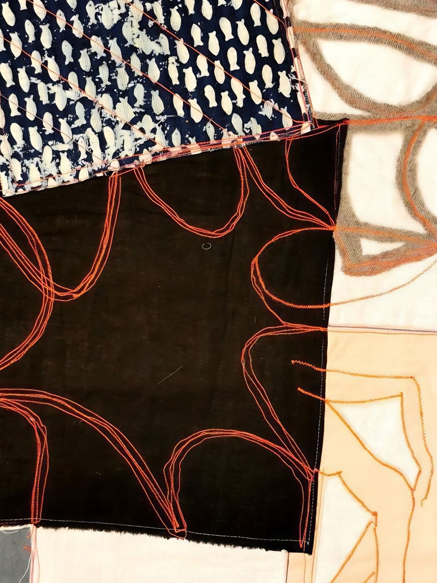 Handcrafted fiber art composition with geometric textiles and embroidered contours by a contemporary Asian artist