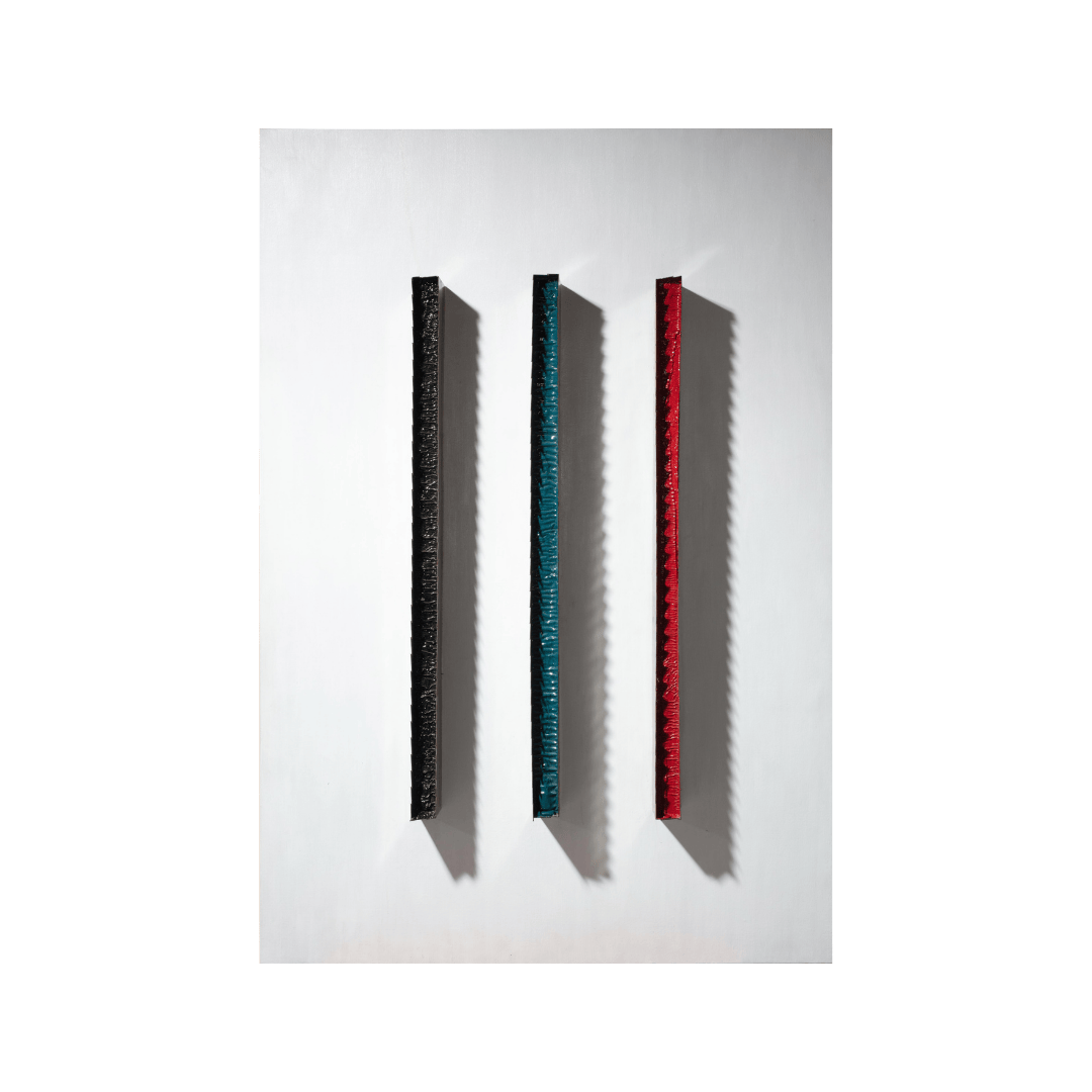 Threshold Line II by Chen Wencai contemporary artwork with three saw blades and Chinese lacquer