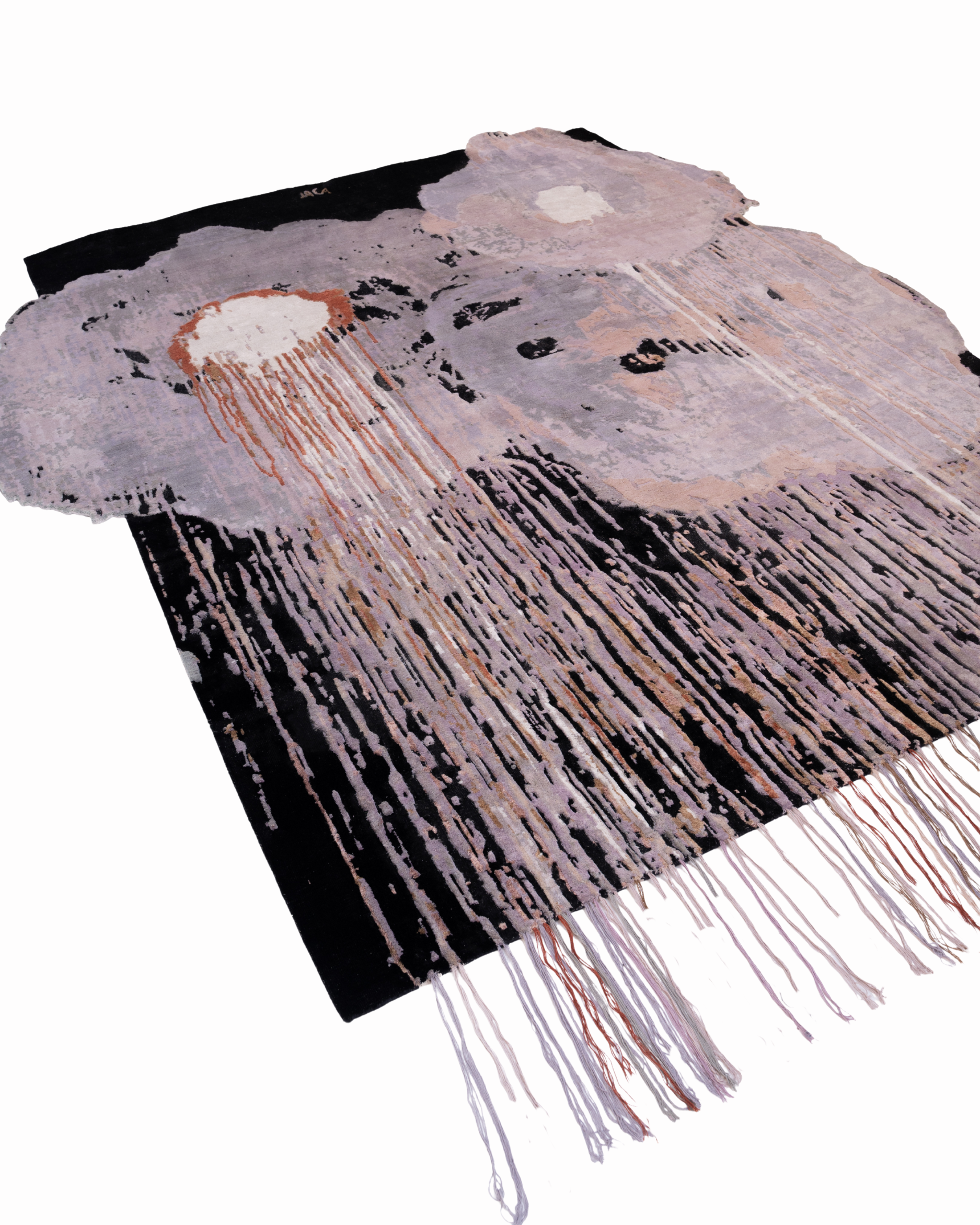 Shaped hand-knotted rug Sugar Magnolia by Julien Jaca in oxidised wool and silk, with rust drips and multicolour fringes, Dinodo Studio