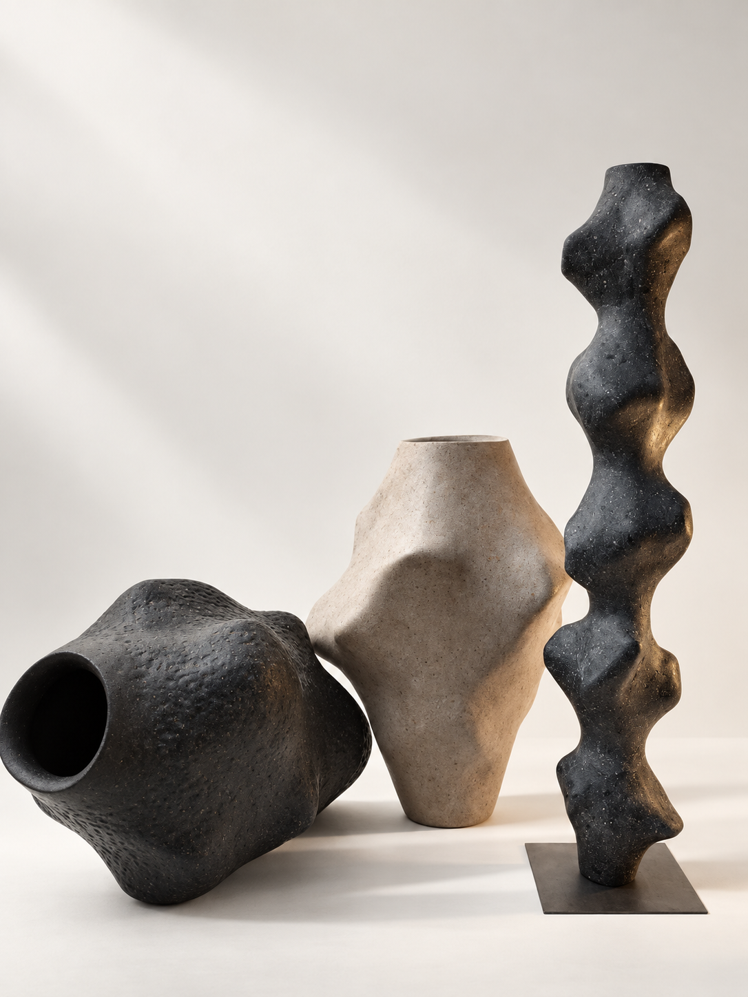 Two sculptural contemporary vases and a tall black recycled paper column by Justino Del Casar on BLANCONEGRO Barcelona