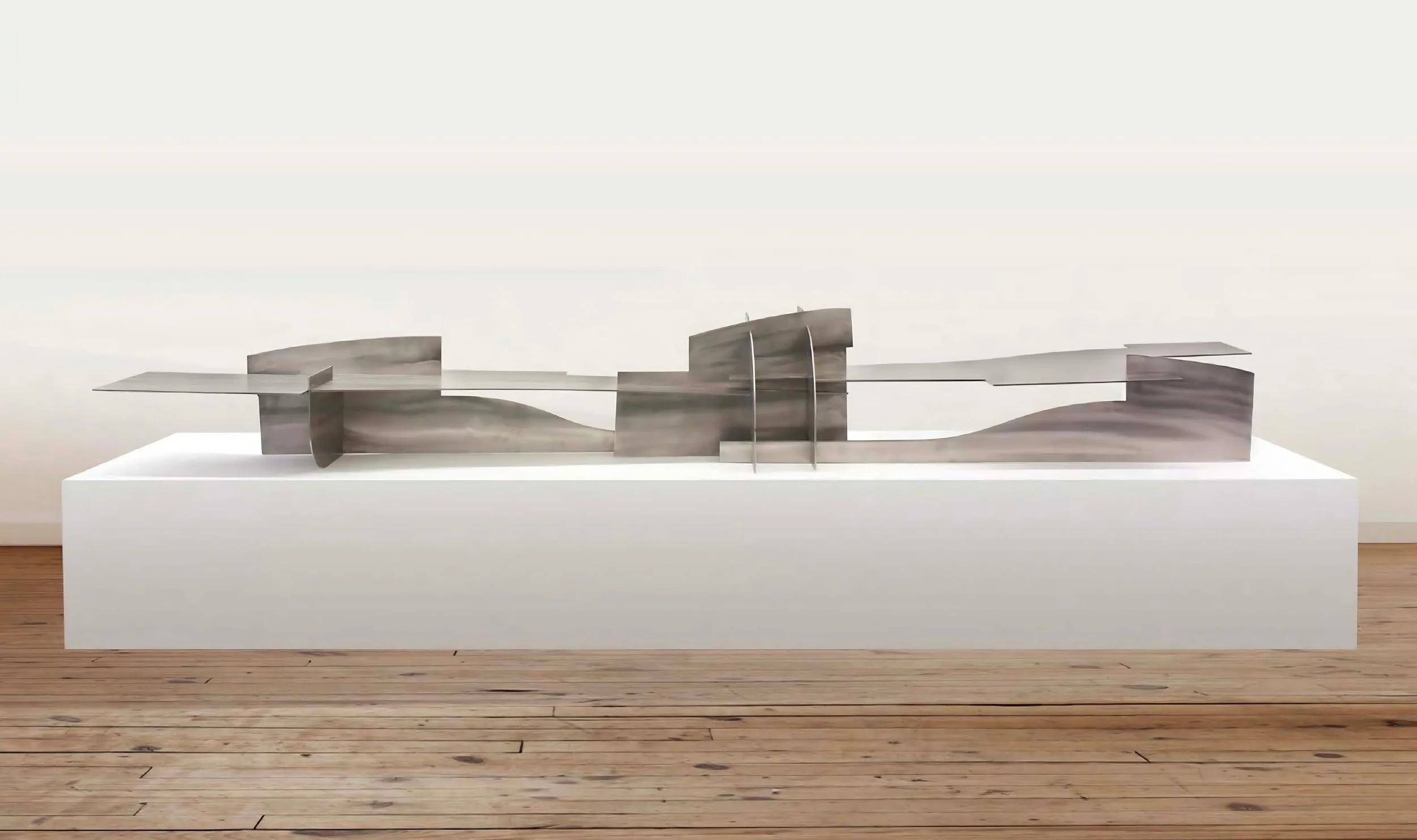 Indoor and outdoor steel sculpture with layered horizon-like forms, Composition for a Horizon.