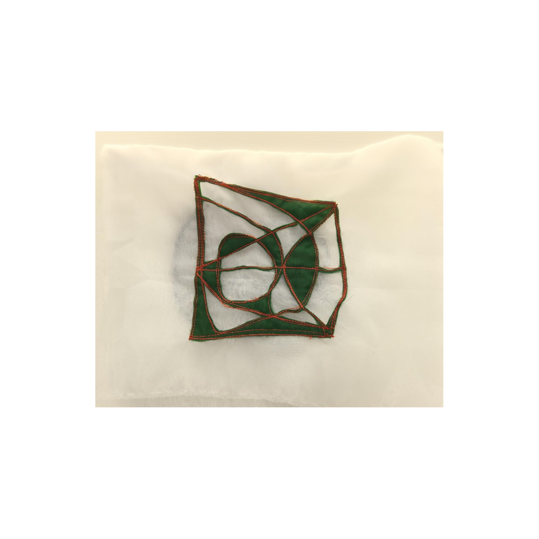 Contemporary textile artwork with abstract fiber geometry and hand-stitched lines exhibited at EAST WEST SPACE Art Gallery.