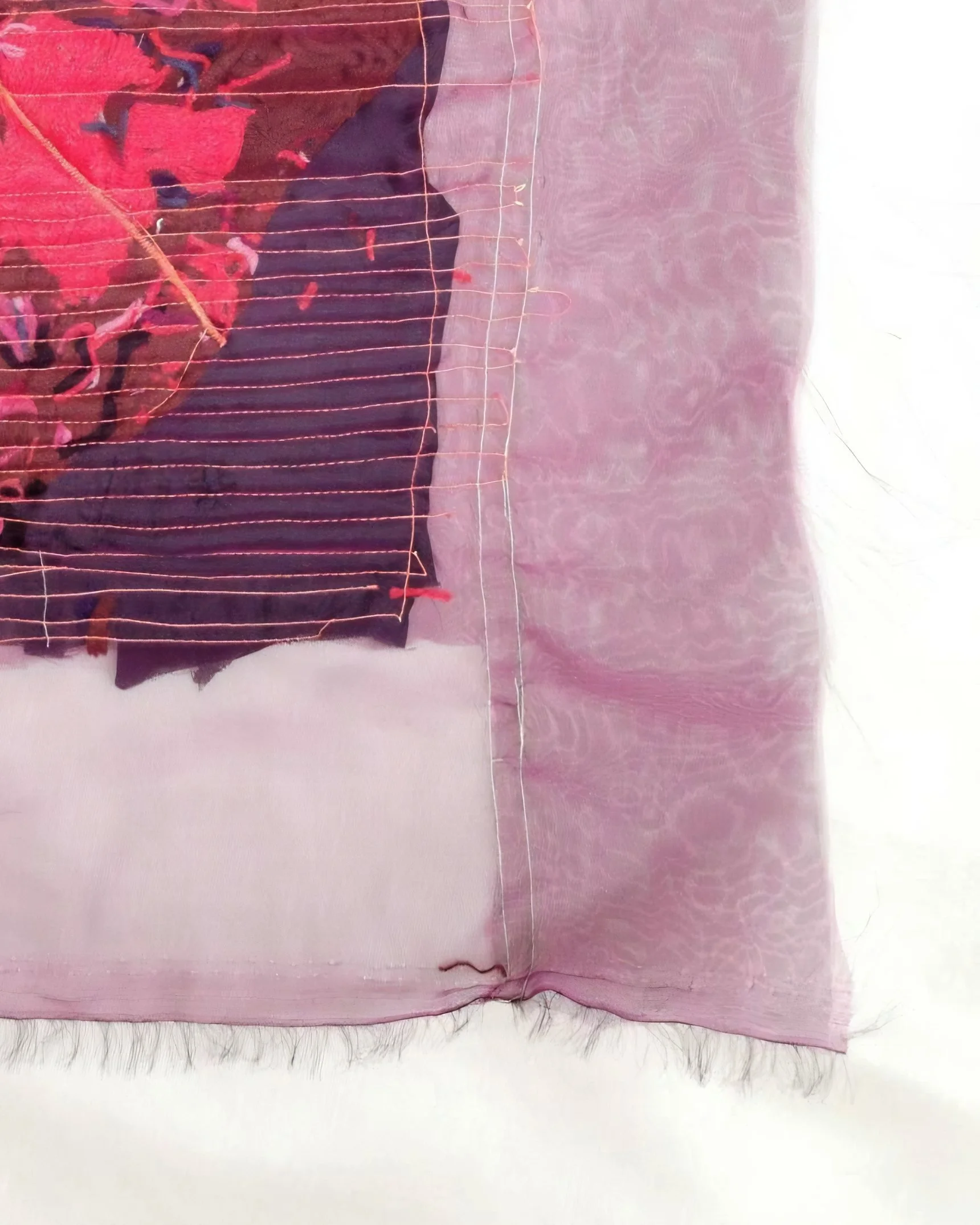 Contemporary fiber artwork in red, pink and purple tones by Zhang Yonghong