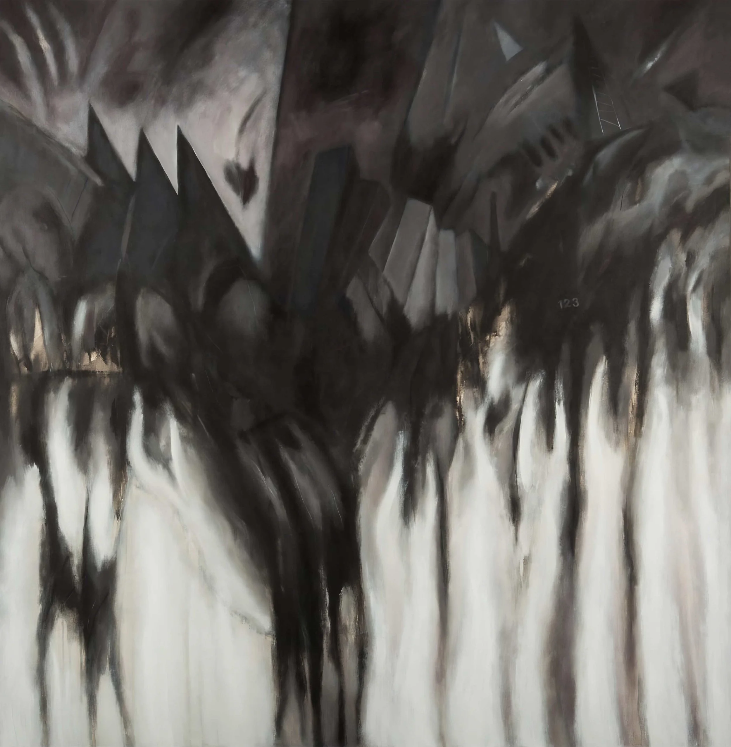 Large format contemporary canvas by Jimmy Lenis, Colombian painter, stark black gestural figures dissolving into light, social critique and emotional intensity