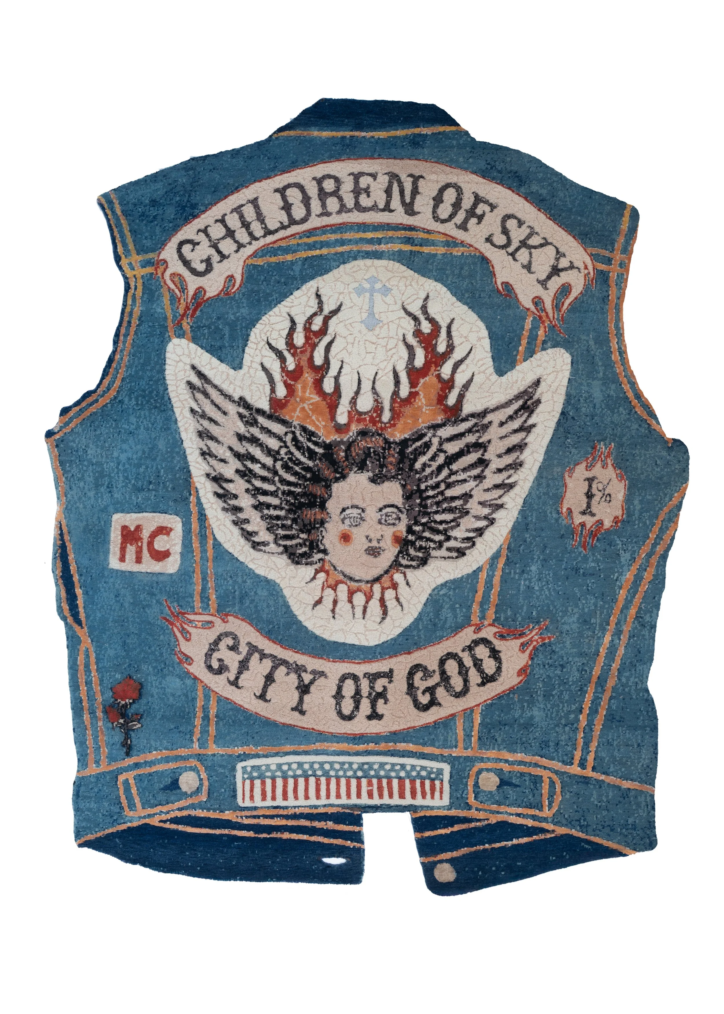 Children of Sky hand-knotted art rug by Julien Jaca for Dinodo Studio, shaped as a blue denim biker vest with a winged angel and flames