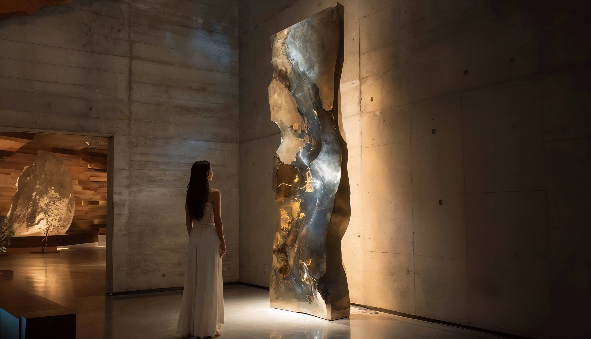 Sculptural wall installation combining natural stone textures with soft ambient lighting for refined interiors.