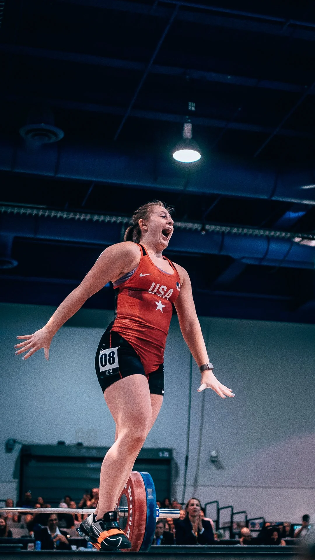 Olympian Olivia Reeves, ecstatic after hitting a 110kg Snatch in competition for the first time. 