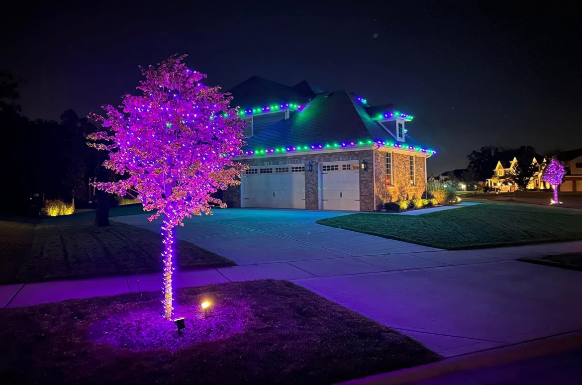 House decorated with colorful Christmas lights at night, with lit trees in the front yard.