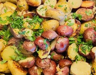 Oven roasted lemon and parsley potatoes.