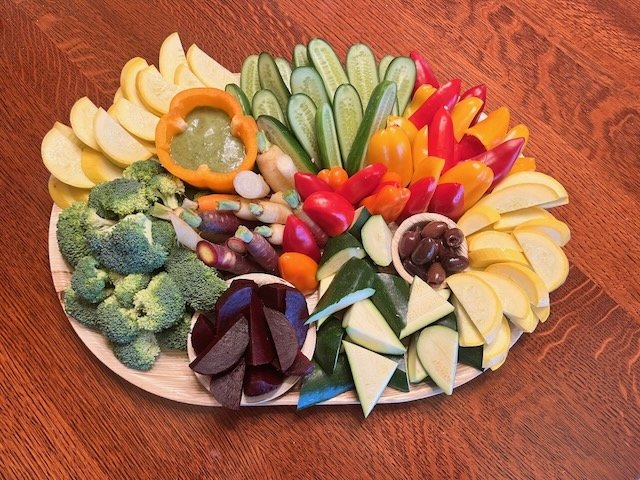 Seasonal veggie board with homemade dip, large.