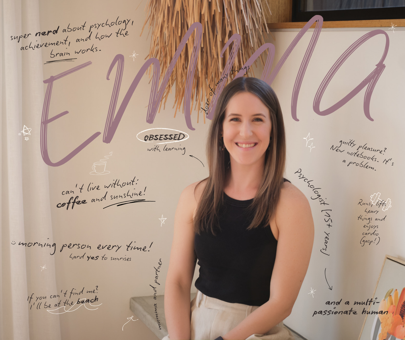 A smiling woman with shoulder-length brown hair wearing a black sleeveless top and beige pants standing in front of a wall with handwritten notes and doodles. The notes include words like 'Eureka,' 'OBSESSED,' 'coffee and sunshine,' and 'morning person every time!' The wall features decorative elements like stars, a doodle of a coffee cup, and other quotes and comments.