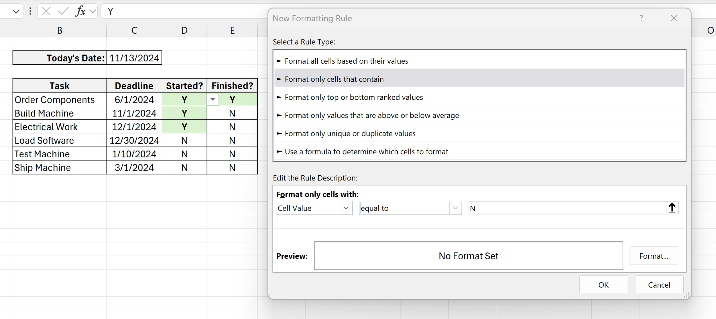 Conditional Formatting New Formatting Rule Window Cells That Contain in Microsoft Excel