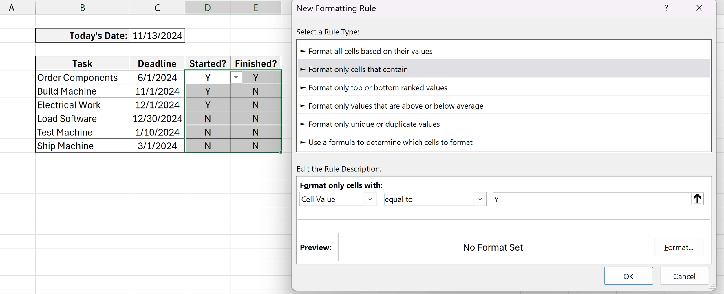 Conditional Formatting New Formatting Rule Window Cells That Contain in Microsoft Excel