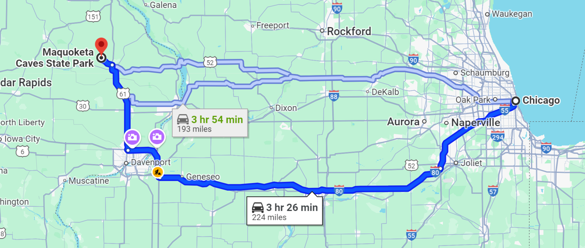 Google Maps Directions From Chicago Illinois to Maquoketa Caves
