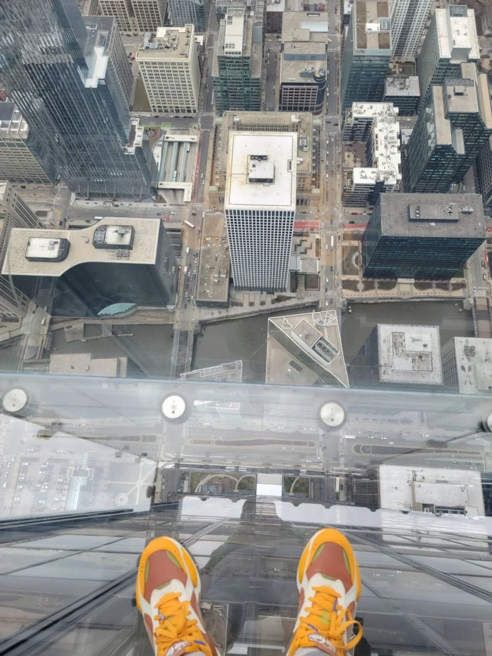 Top Down View of Chicago Skyline Seen From the Willis Tower Skydeck, Puma White Castle Shoes on Floor