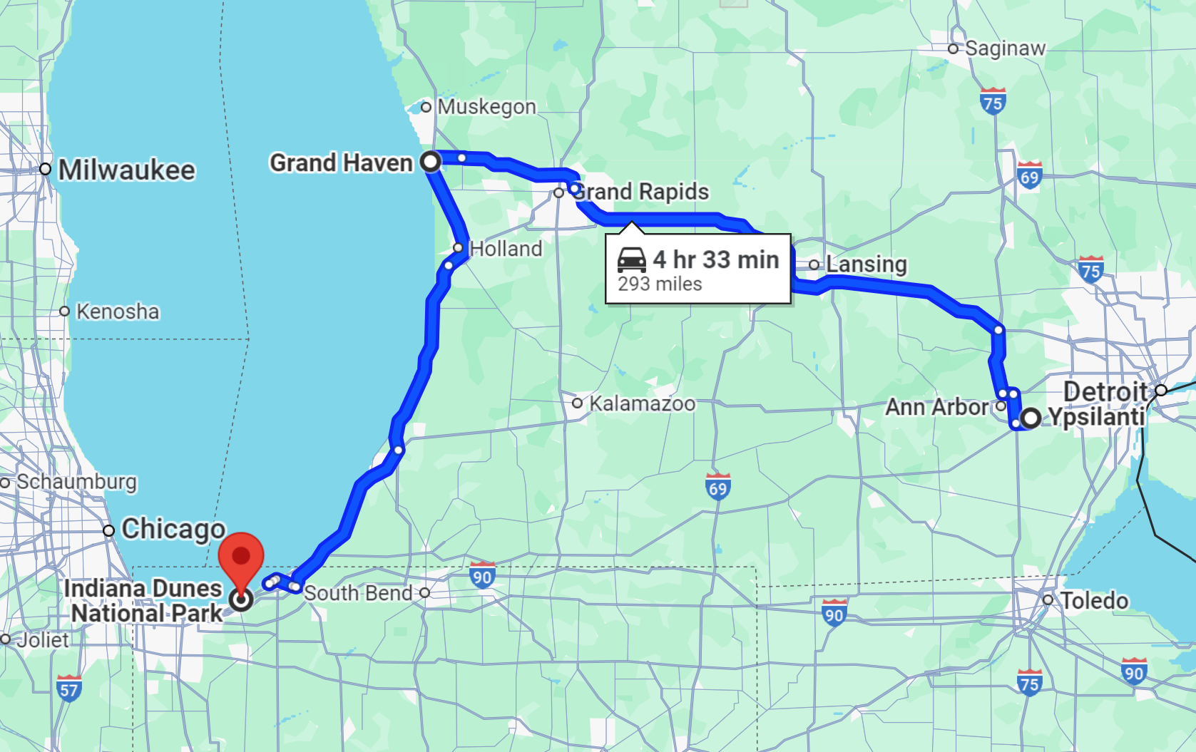 Google Maps Directions From Ypsilanti to Grand Haven to Indiana Dunes