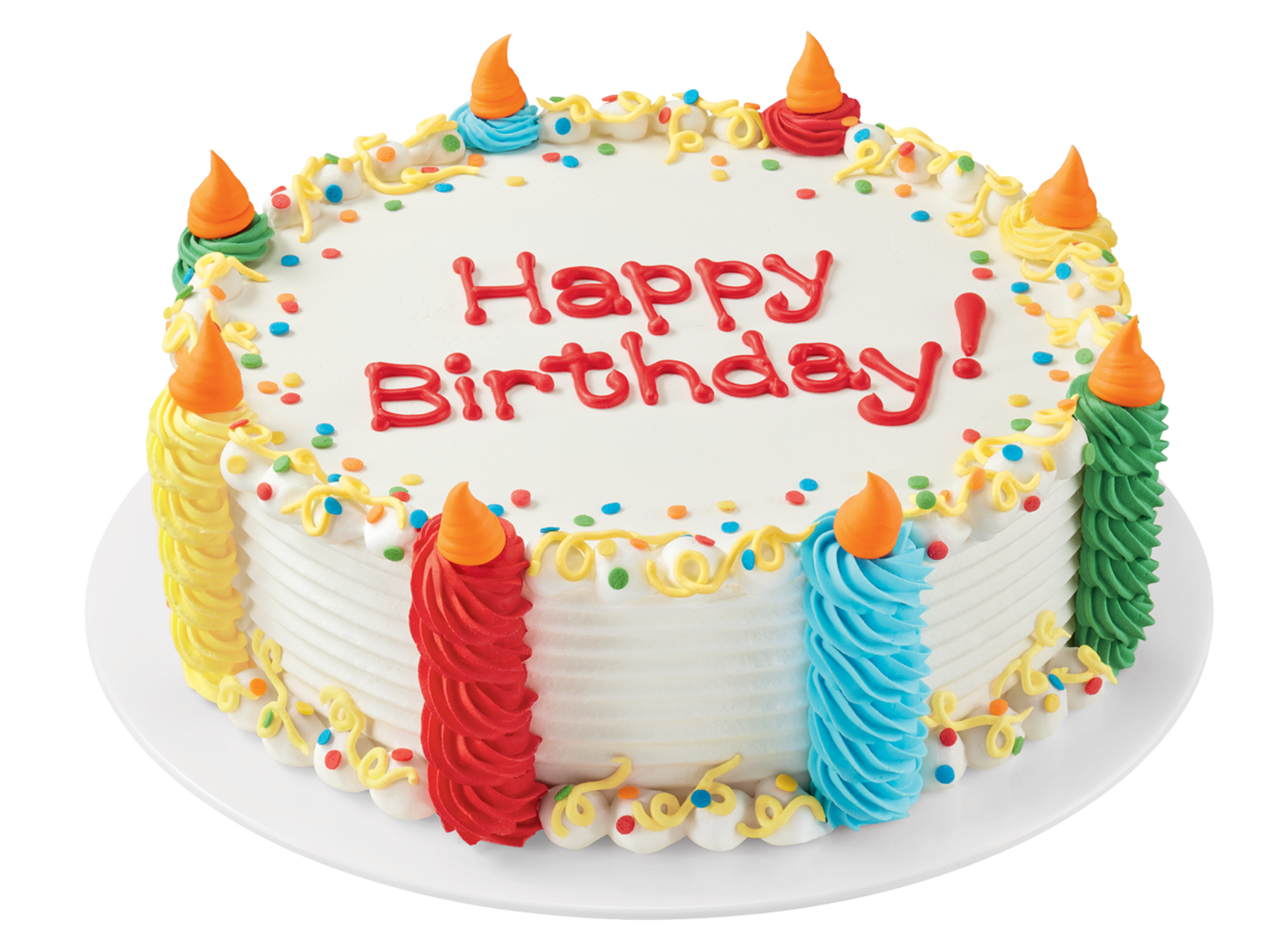 ice cream cake from dairy queen, colorful frosting, cake reads "Happy Birthday!"