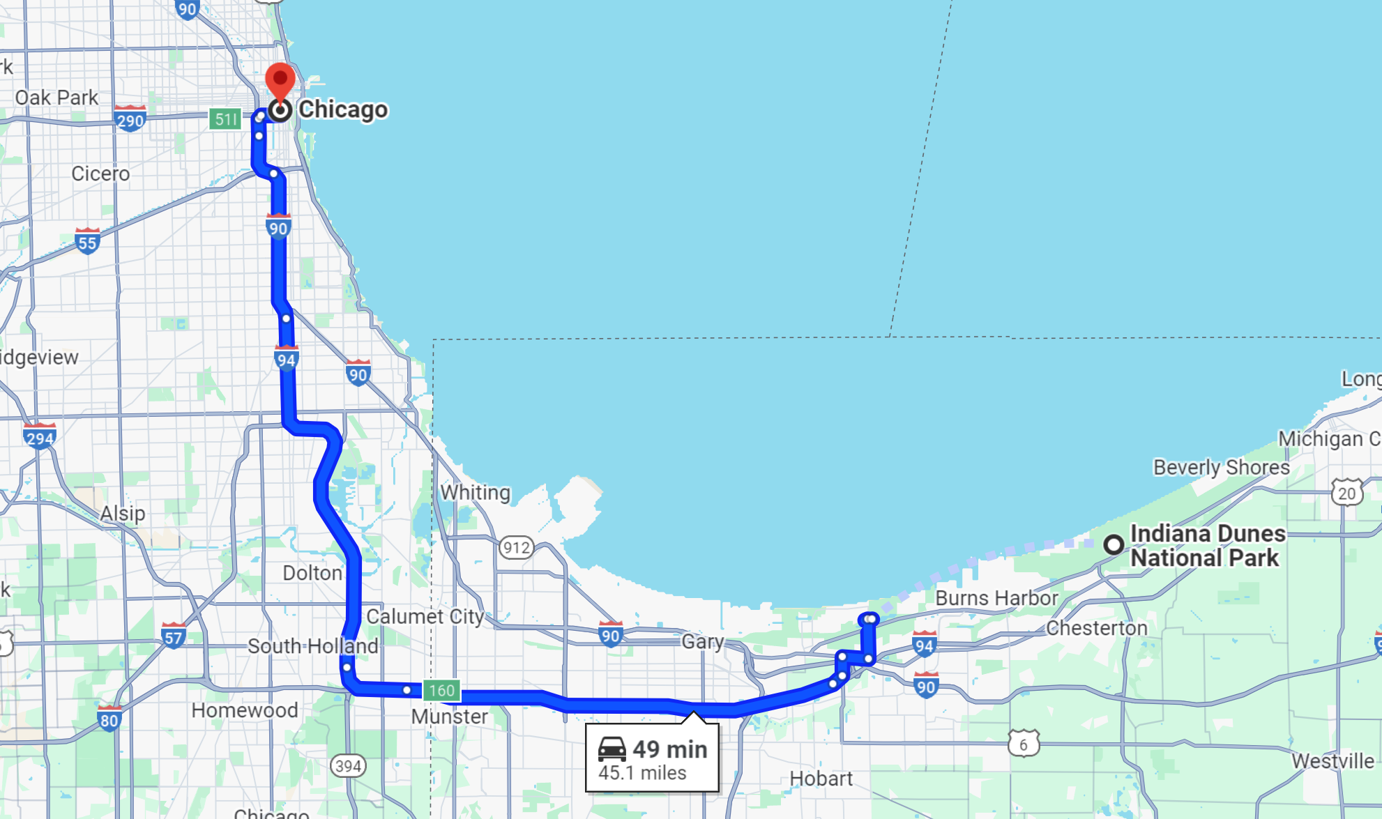 Google Maps Directions From Indiana Dunes to Chicago Illinois