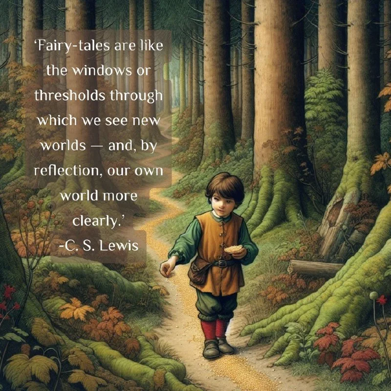 A young boy walking on a forest trail holding a mushroom, surrounded by tall trees and lush vegetation, with a quote overlay about fairy-tales by C.S. Lewis.