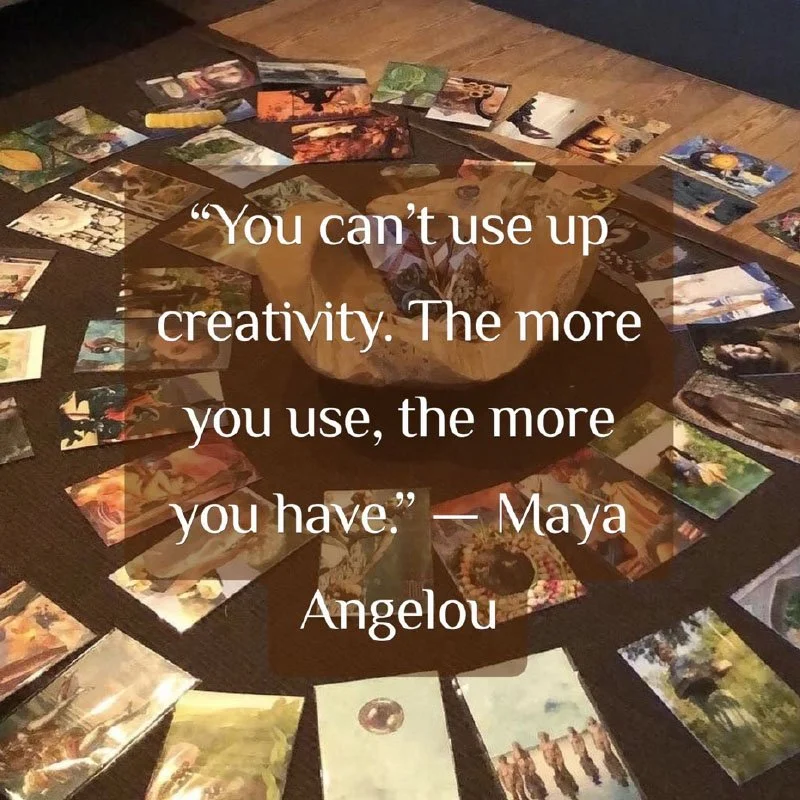 A quote by Maya Angelou superimposed over a photograph of numerous scattered photographs arranged in a circular pattern on a dark surface.
