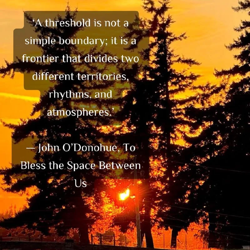 Sunset over a silhouette of trees with a quote about borders and frontiers by John O’Donohue