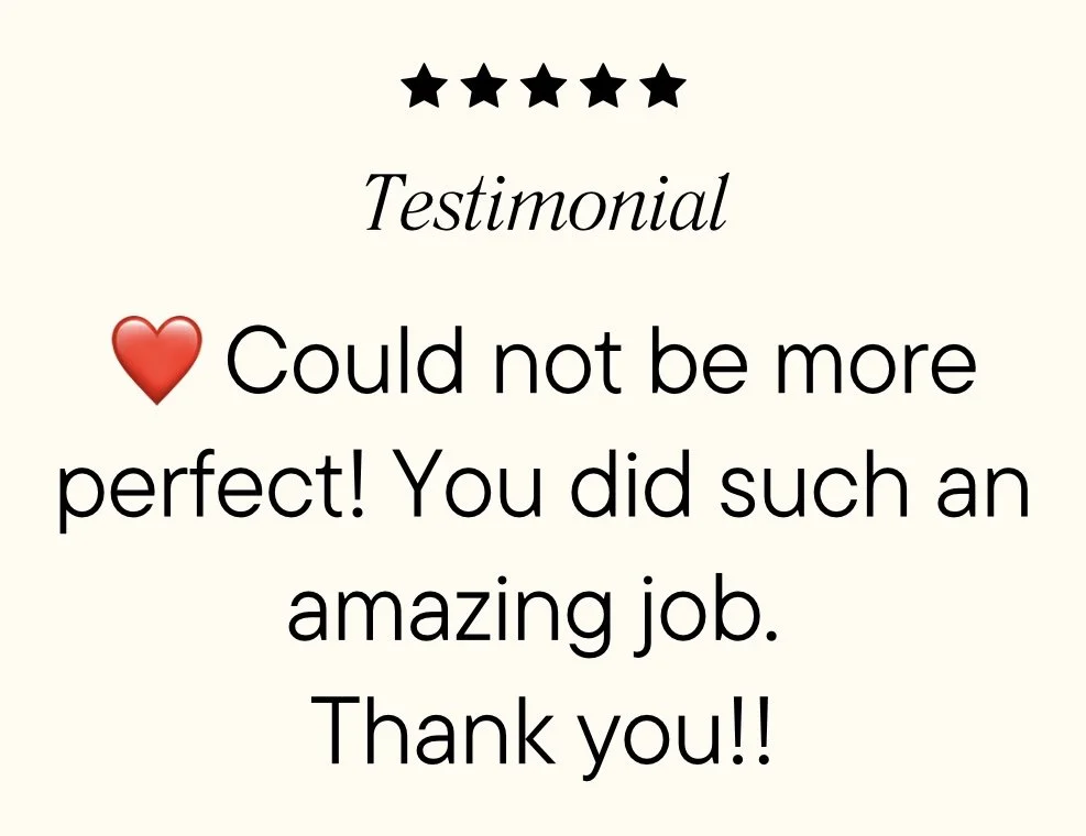 A complaint or testimonial message with five black stars at the top, the word "Testimonial" in italics, a red heart emoji, and text praising someone's work as perfect and amazing, ending with a thank you.