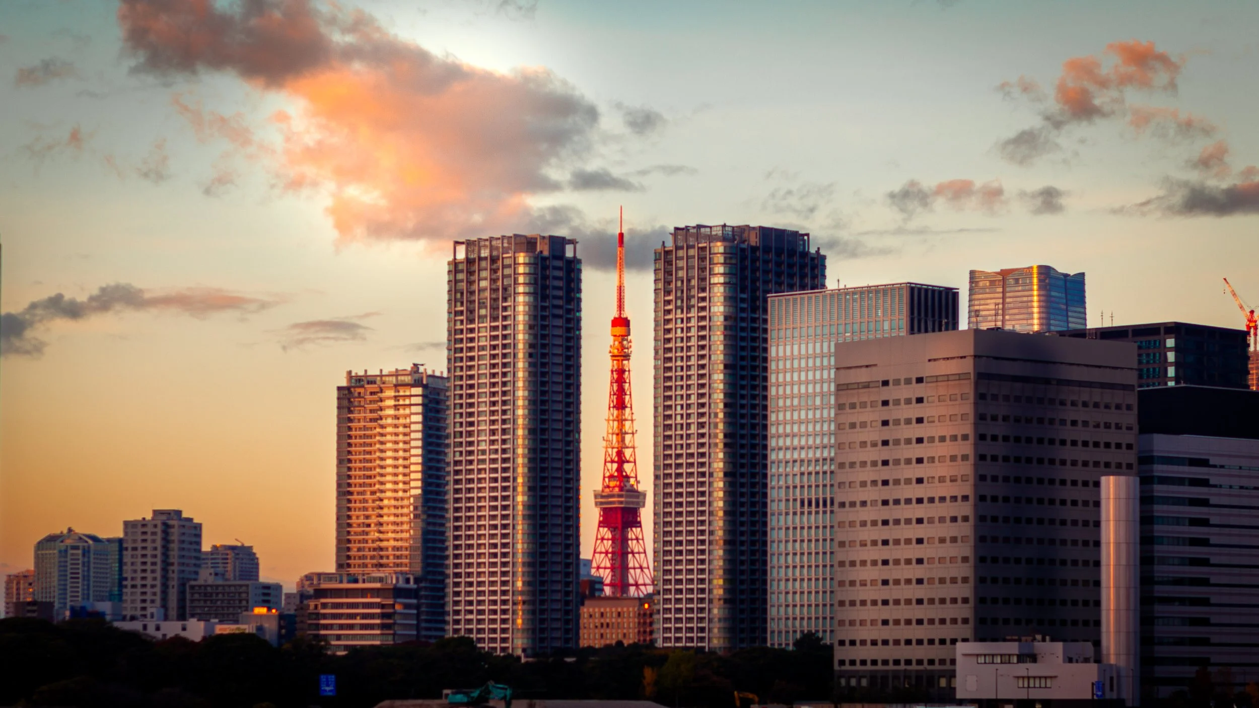 Tokyo skyline at sunset with buildings and Tokyo Tower in the center.