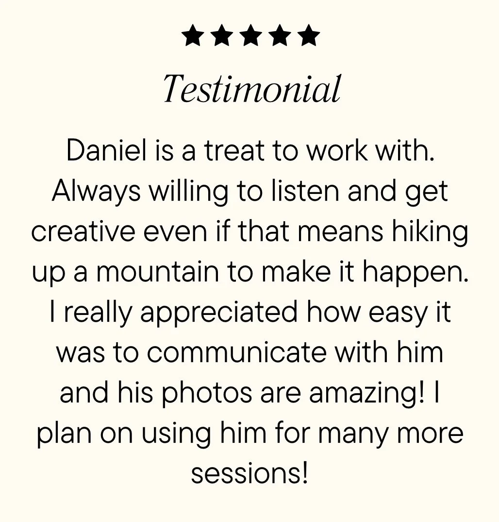 Testimonial card with five stars at the top, the word 'Testimonial' in italics, and a positive review about Daniel describing him as easy to work with and mentioning his photography skills, with a cream background.