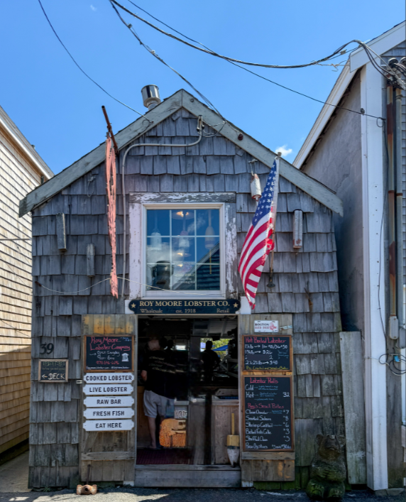 This is the historic Roy Moore Lobster Company located on Bearskin Neck in Rockport, Massachusetts