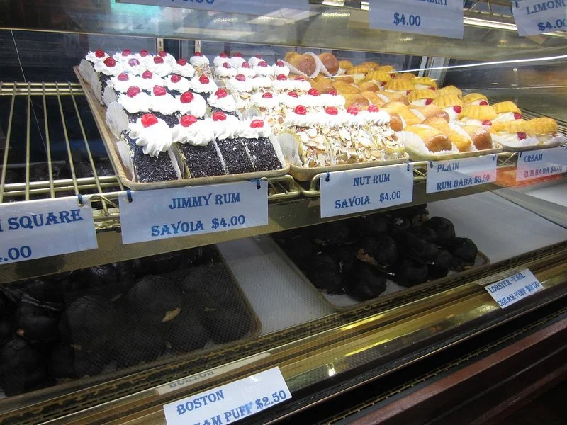 A variety of classic desserts available at Mike's Pastry in Boston, Massachusetts.